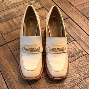 Sam Edelman Cream Loafers with Gold Accent and stacked 3” heels